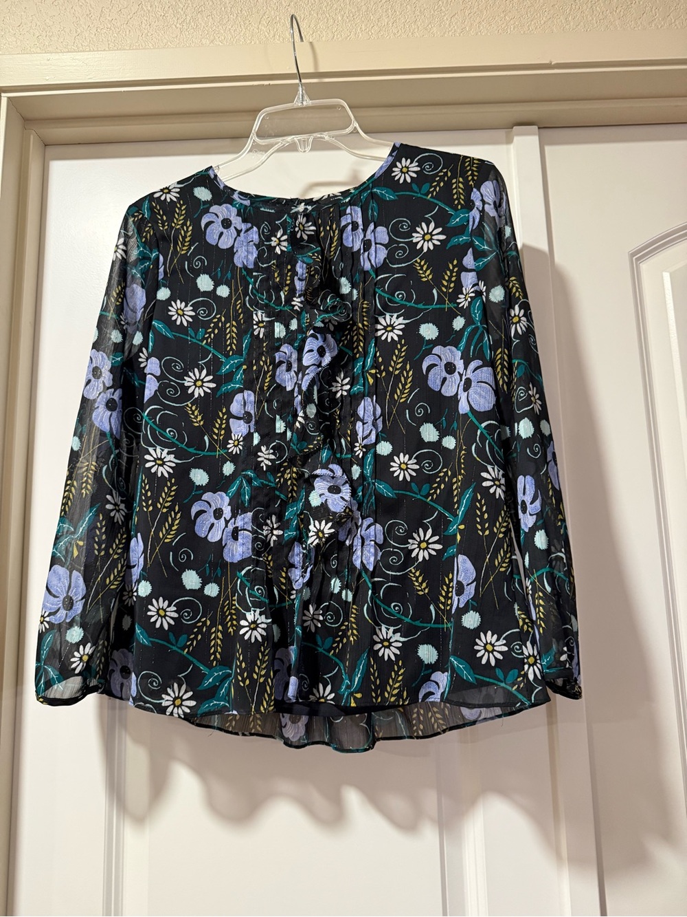 Banana Republic Floral Ruffle Front Black Sheer Blouse - Lavender & Teal Size S